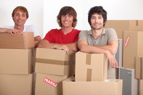 Trained movers using safe lifting techniques and PPE during loading