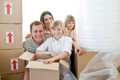 Packed household boxes prepared for a Mortlake relocation